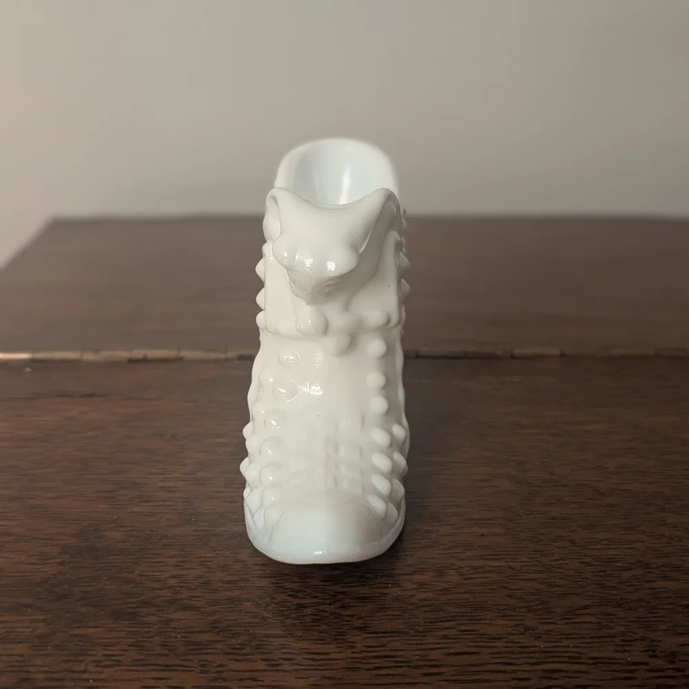 Fenton Milk Glass Hobnail Cat Head Slipper - White Glass Shoe Figurine Prosperit
